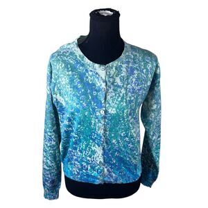 Sundance Small button up blue green abstract long sleeve cardigan watercolors